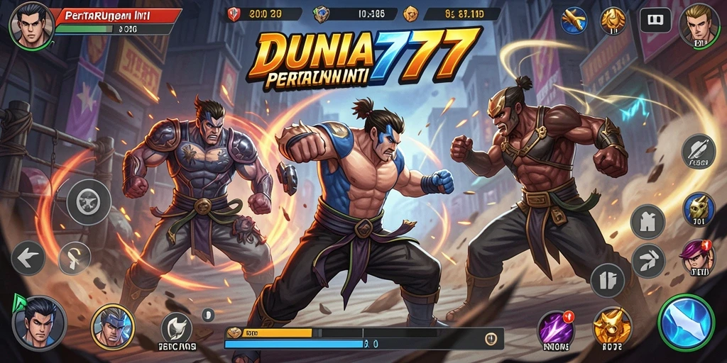 Tampilan gameplay DUNIA777 yang mendebarkan dengan aksi pertarungan intens.