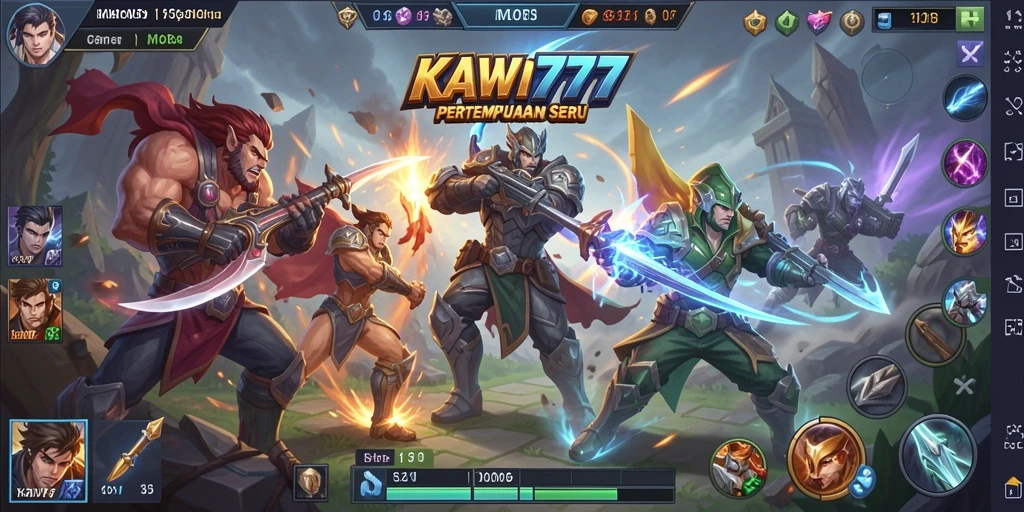 Screenshot gameplay KAWI777 menampilkan pertarungan epik antar pahlawan MOBA.