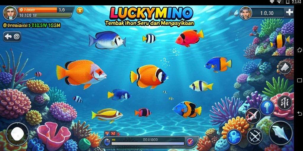 Tampilan gameplay seru dalam LUCKYMINO saat menembak ikan.