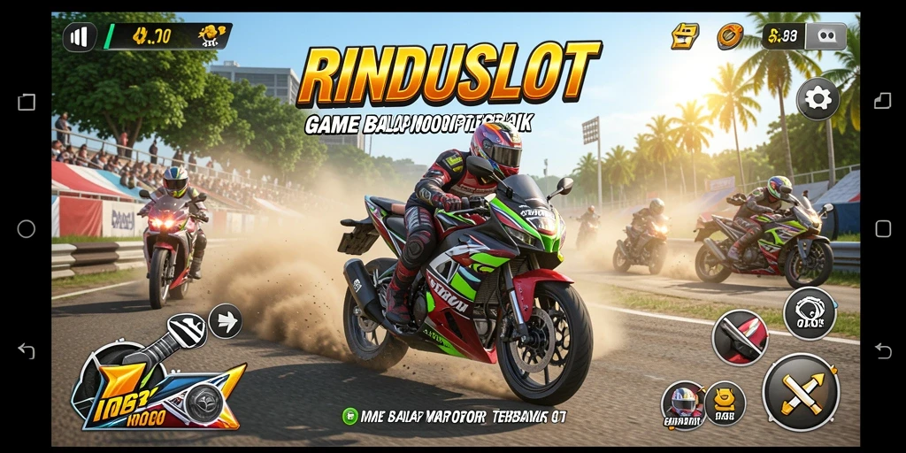 Screenshot gameplay RINDUSLOT yang menampilkan balapan motor yang mendebarkan.